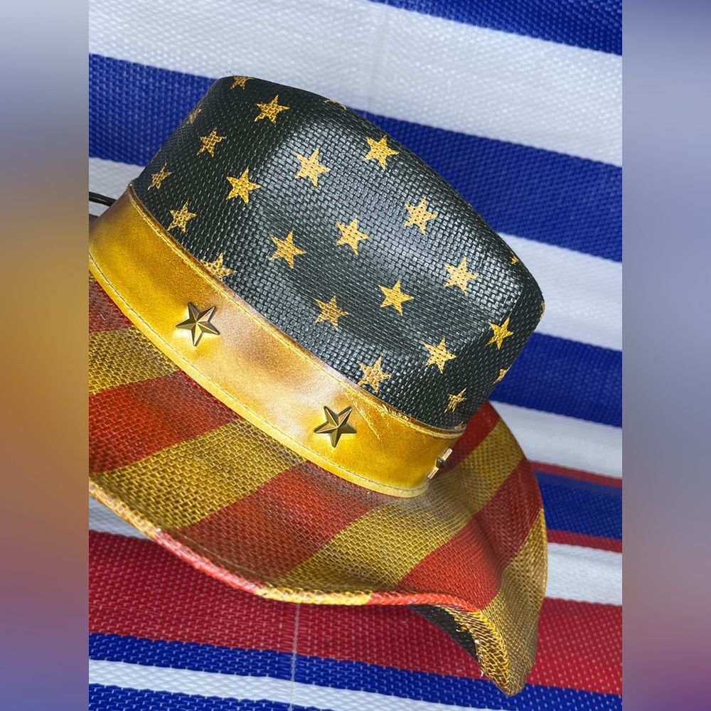 Vintage Saddleback American Flag Straw Cowboy Hat - ONE SIZE - USA - Patriot - Picture 7 of 15